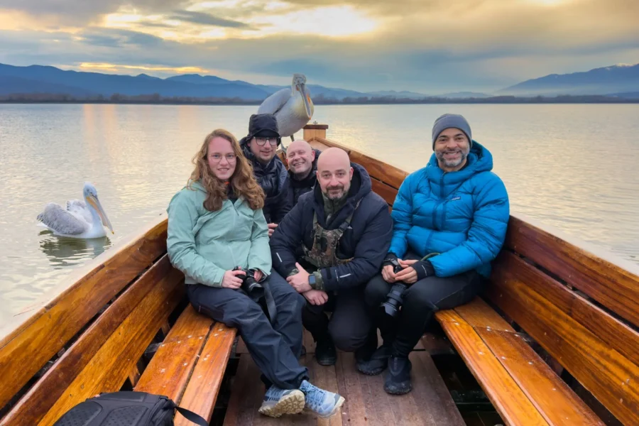 Five photographers in a boat photographing Dalmatian Pelicans at Lake Kerkini during The Kingdom of the Pelicans workshop